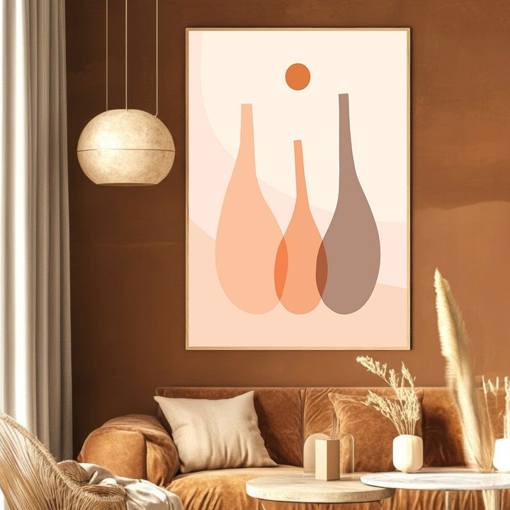 Wadi Home abstract minimalist wall art print featuring three vases and a sun in peach and terracotta tones