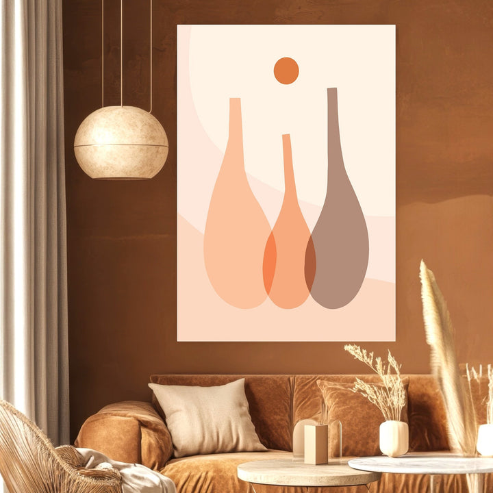Wadi Home abstract minimalist wall art print featuring three stylized vases and a sun in peach and terracotta tones.