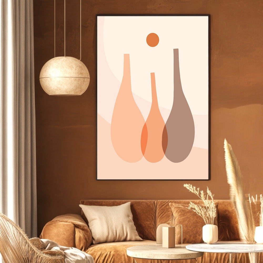 Wadi Home abstract minimalist wall art print featuring stylized vases and a sun in peach and terracotta tones.
