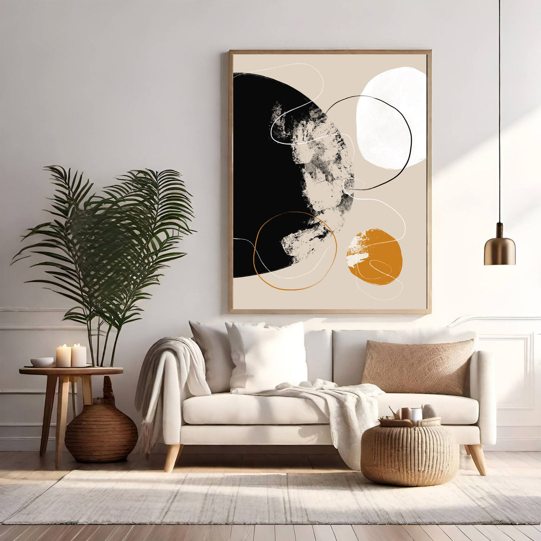 Wadi Home abstract wall art with black, white, and ochre circles and lines. Modern minimalist design.