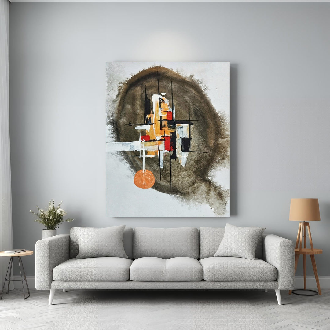 Wadi Home abstract wall art with earthy browns, oranges, and blacks. Textured brushstrokes and geometric shapes.