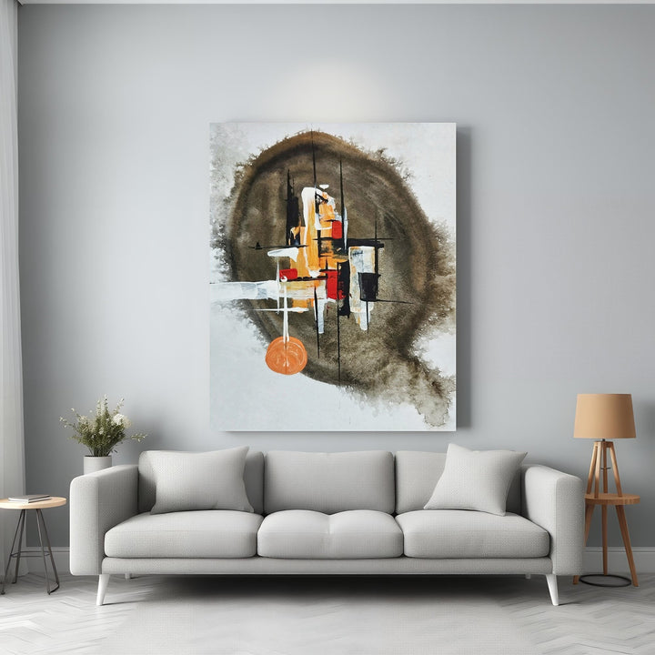 Wadi Home abstract wall art with earthy browns, oranges, and blacks. Textured brushstrokes and geometric shapes.