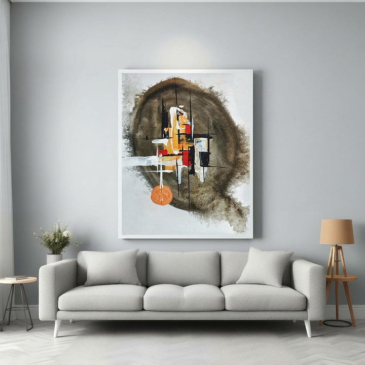 Wadi Home abstract wall art with earthy browns, oranges, and blacks. Textured brushstrokes and geometric shapes.