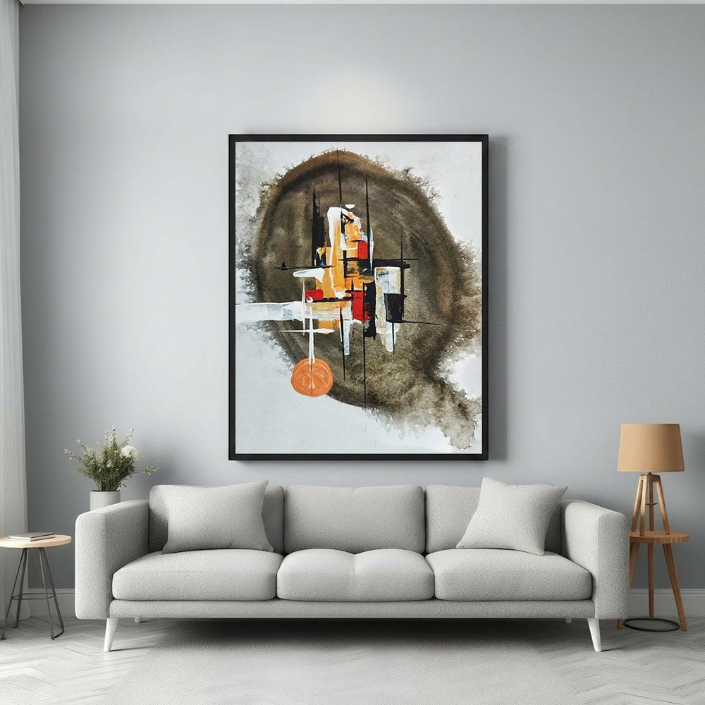 Wadi Home abstract wall art with earthy browns, oranges, and blacks. Textured brushstrokes and geometric shapes.