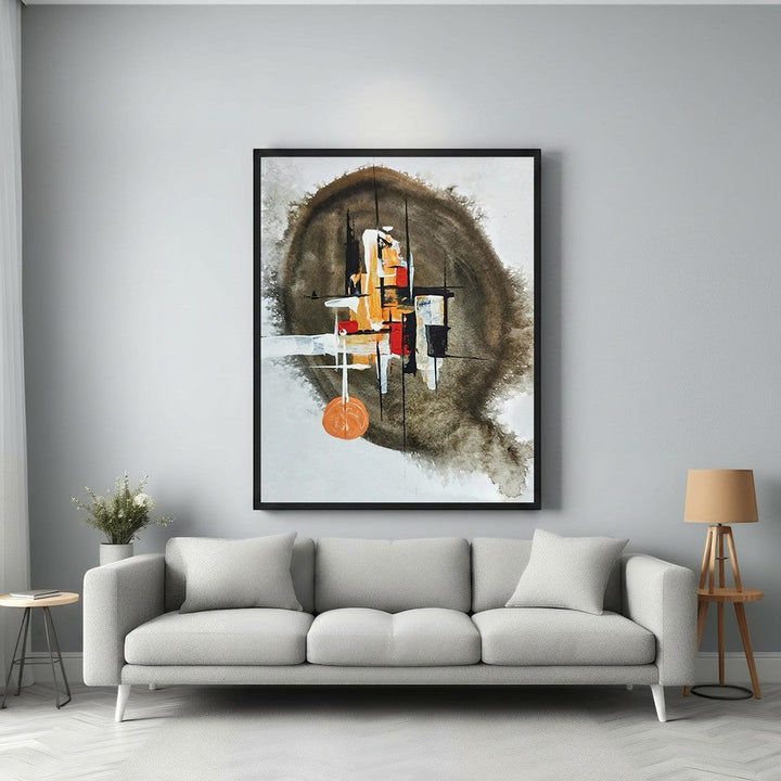 Wadi Home abstract wall art with earthy browns, oranges, and blacks. Textured brushstrokes and geometric shapes.