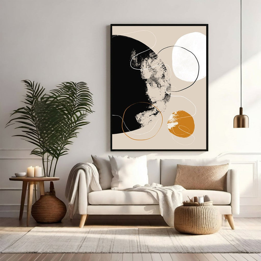 Wadi Home abstract wall art with black, white, and ochre circles and lines. Modern minimalist design.