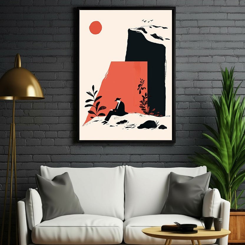 Wadi Home abstract wall art with a lone figure contemplating a landscape in coral, black, and cream.