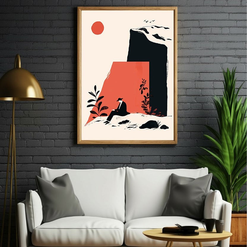 Wadi Home abstract wall art with a lone figure contemplating a landscape in coral, black, and cream.