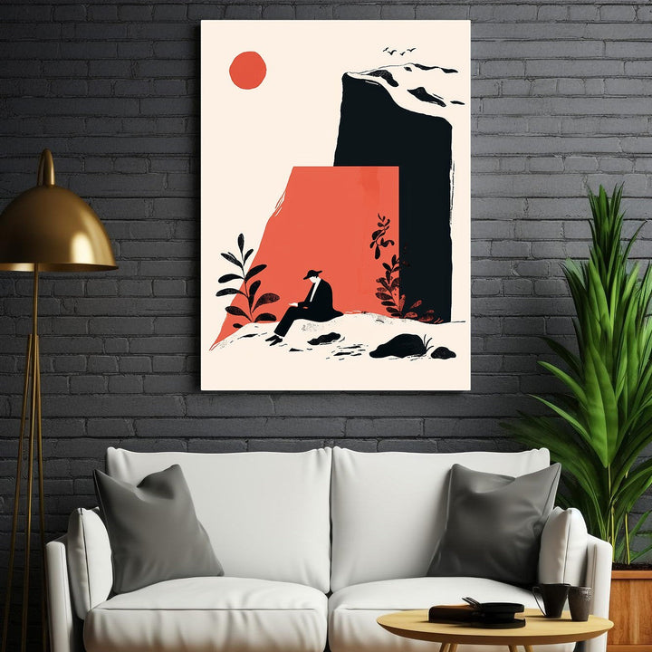 Wadi Home abstract wall art with a lone figure in black contemplating a landscape in coral, black, and cream.
