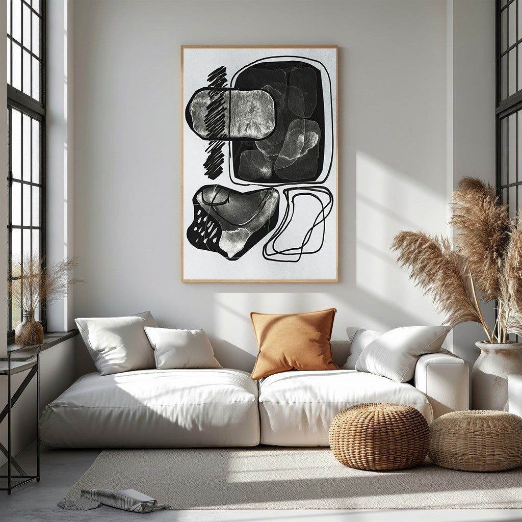 Wadi Home abstract monochrome wall art featuring organic shapes and bold lines in a modern composition.
