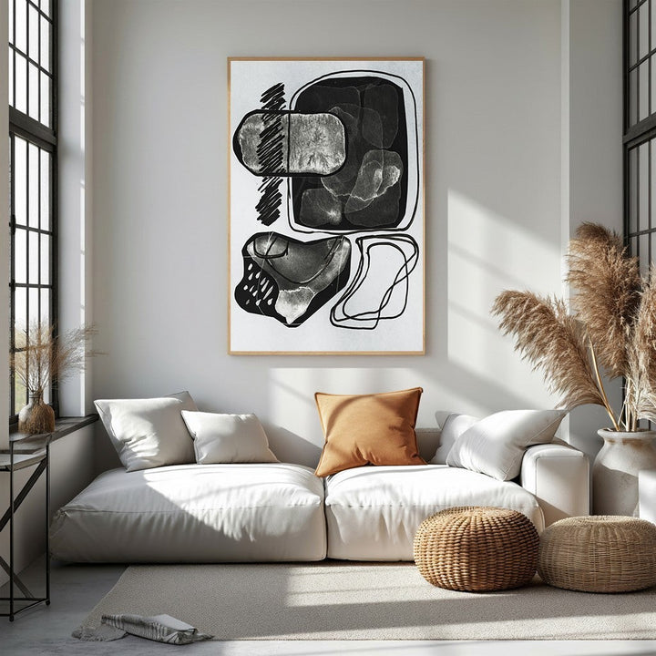 Wadi Home abstract monochrome wall art featuring organic shapes and bold lines in a modern composition.