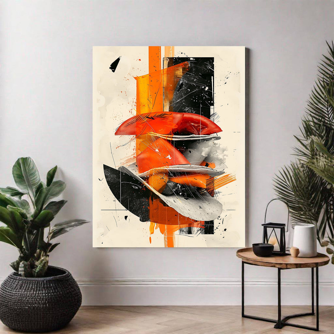 Wadi Home abstract wall art with bold orange, black, and white shapes, layered textures, and sharp lines.