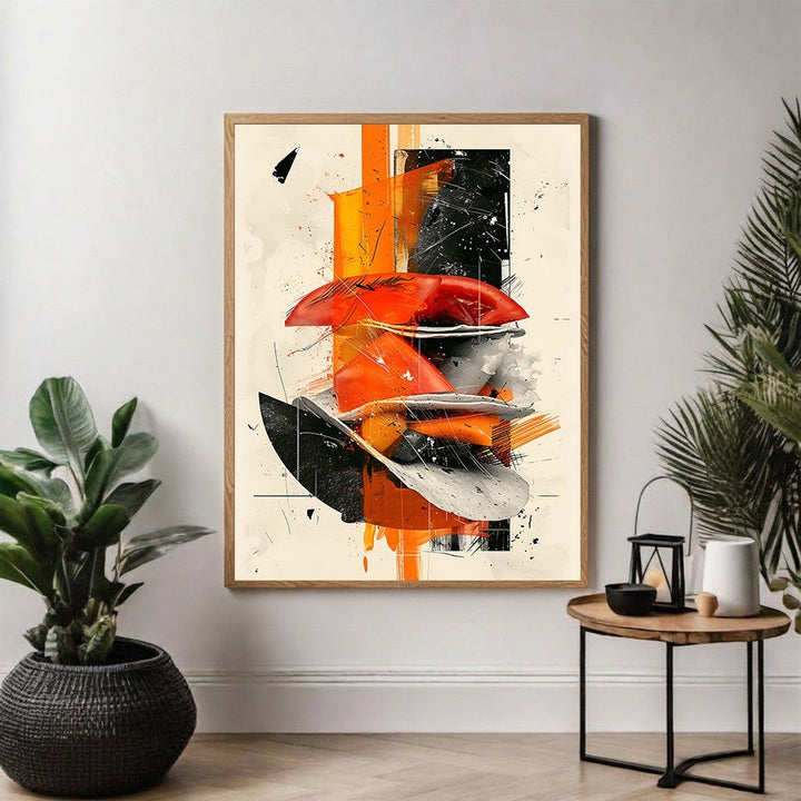 Wadi Home abstract wall art with bold orange, black, and white shapes and textures. Modern, dynamic composition.