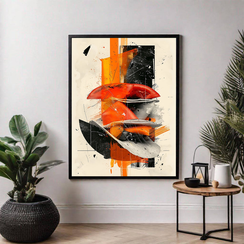 Wadi Home abstract wall art with bold orange, black, and white shapes and textures. Modern, dynamic composition.