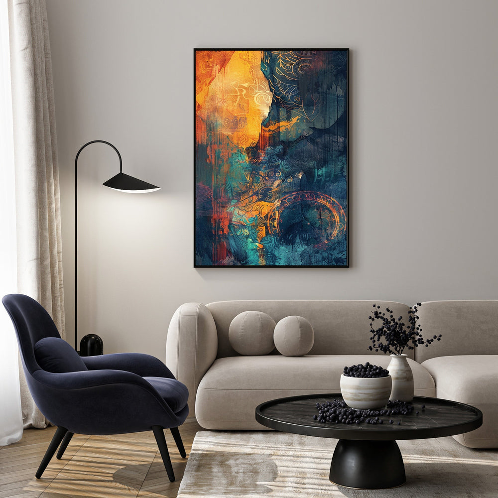 Wadi Home abstract wall art with warm oranges and deep teals, featuring swirls and geometric patterns.