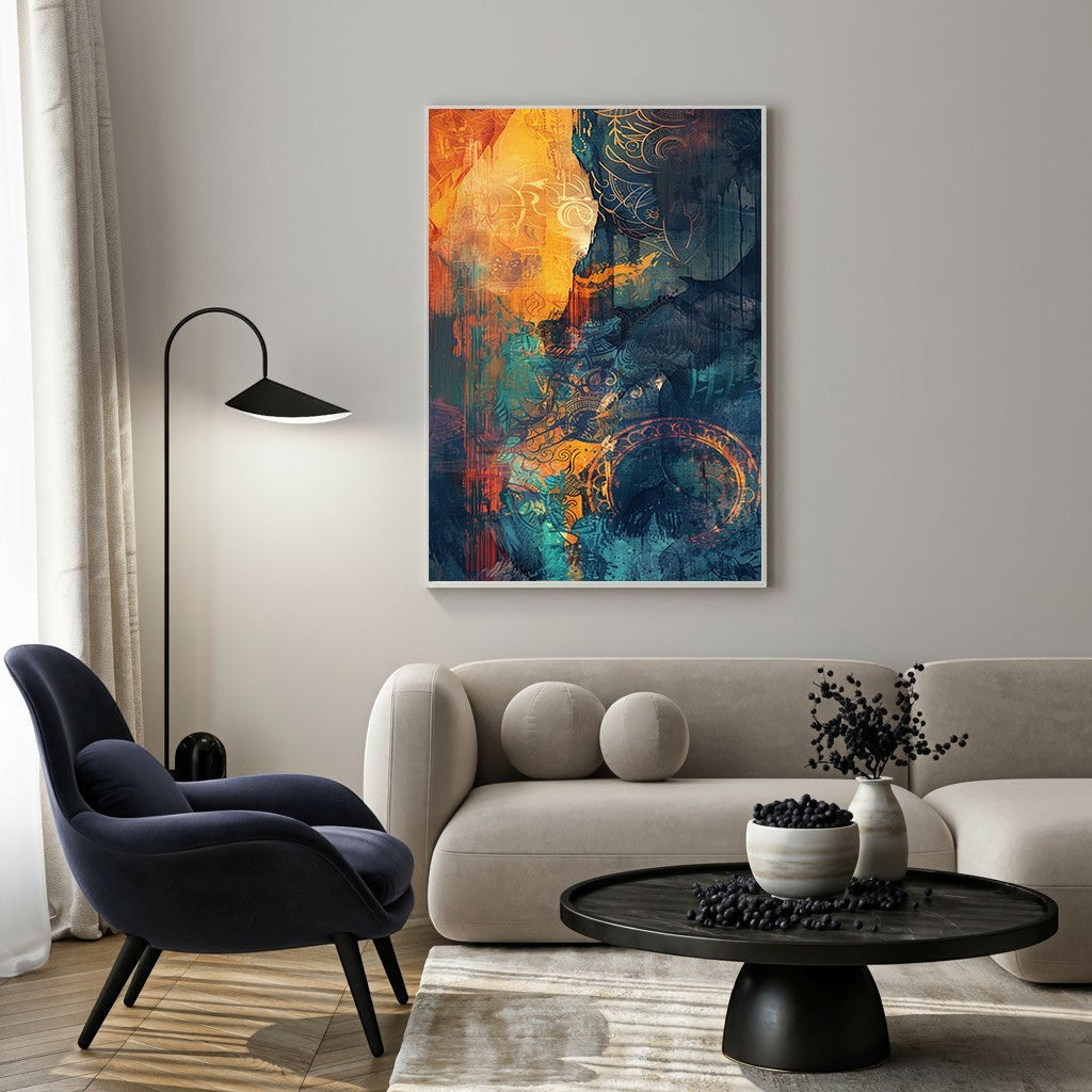 Wadi Home abstract wall art with warm oranges and deep teals, featuring swirls and geometric patterns.