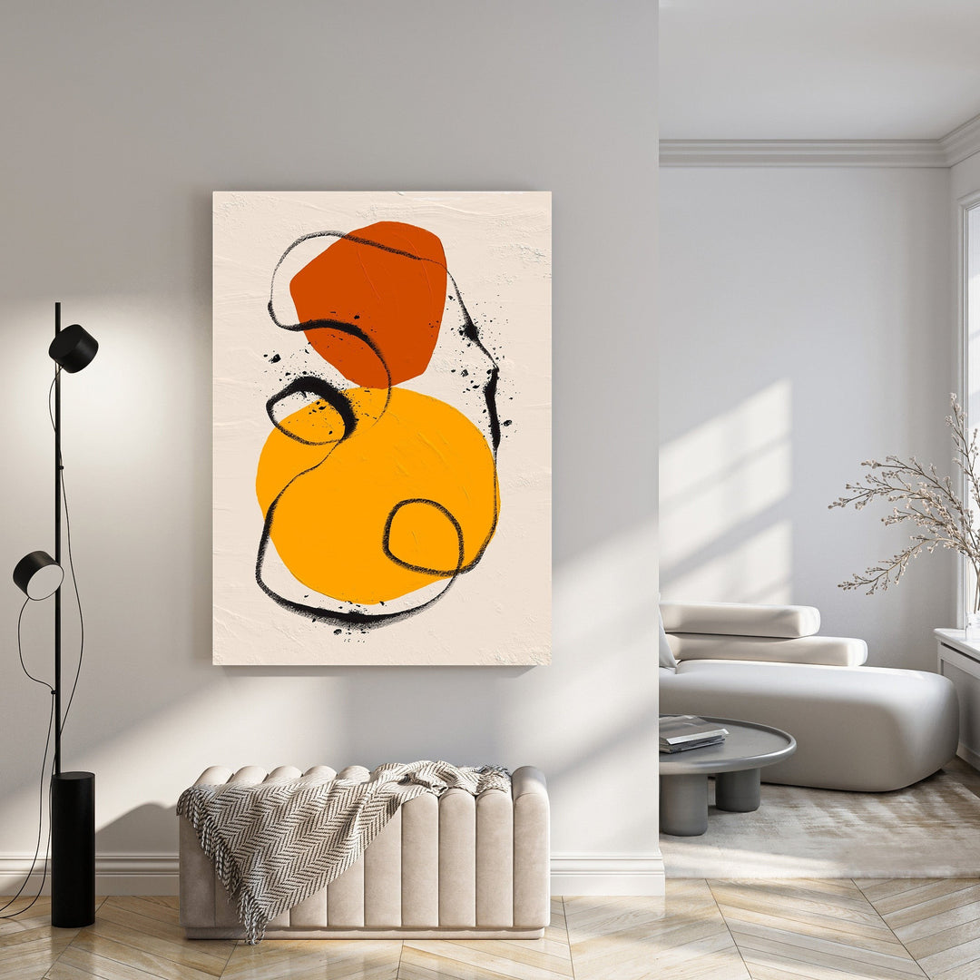Wadi Home abstract wall art with orange and yellow circles and black lines on a textured cream background.