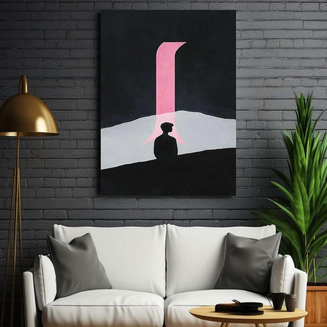 Wadi Home abstract wall art with black background, pink archway, and silhouette of a person. Modern minimalist design.