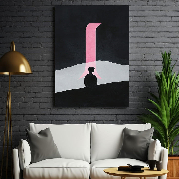 Wadi Home abstract wall art with black background, pink archway, and silhouette of a person. Modern minimalist design.