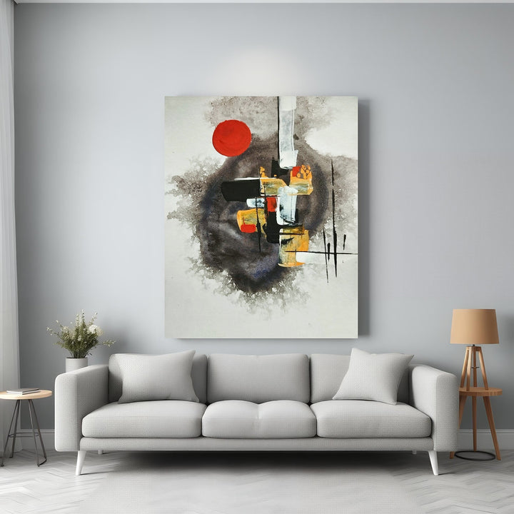 Wadi Home abstract wall art with red circle, black, white, grey, and ochre tones. Modern composition.
