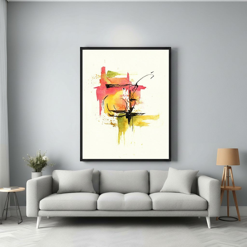 Wadi Home abstract watercolor wall art with red, yellow, green splashes and black lines. Framed art above a grey sofa.