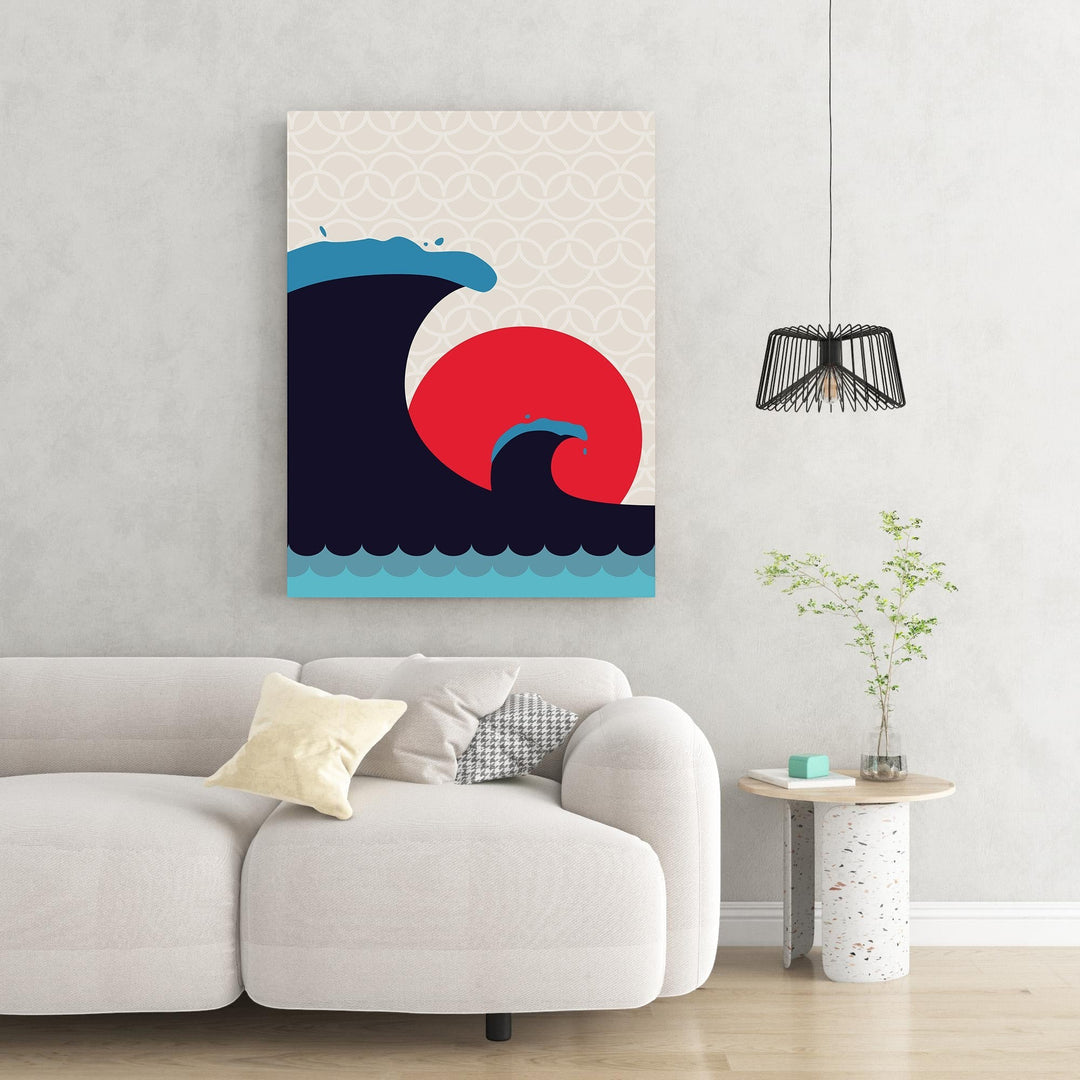 Wadi Home Abstract Wave Sun Wall Art with navy waves and red sun on a textured background.