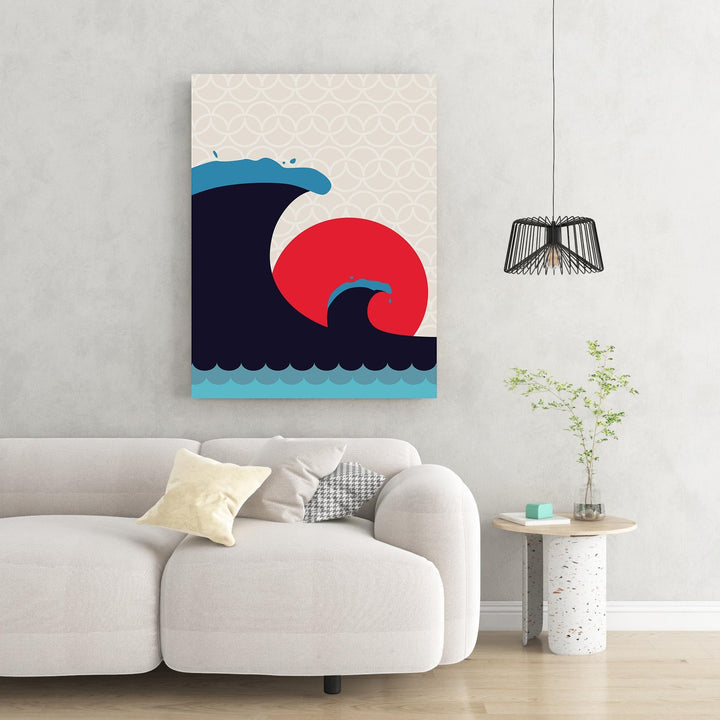 Wadi Home Abstract Wave Sun Wall Art with navy waves and red sun on a textured background.