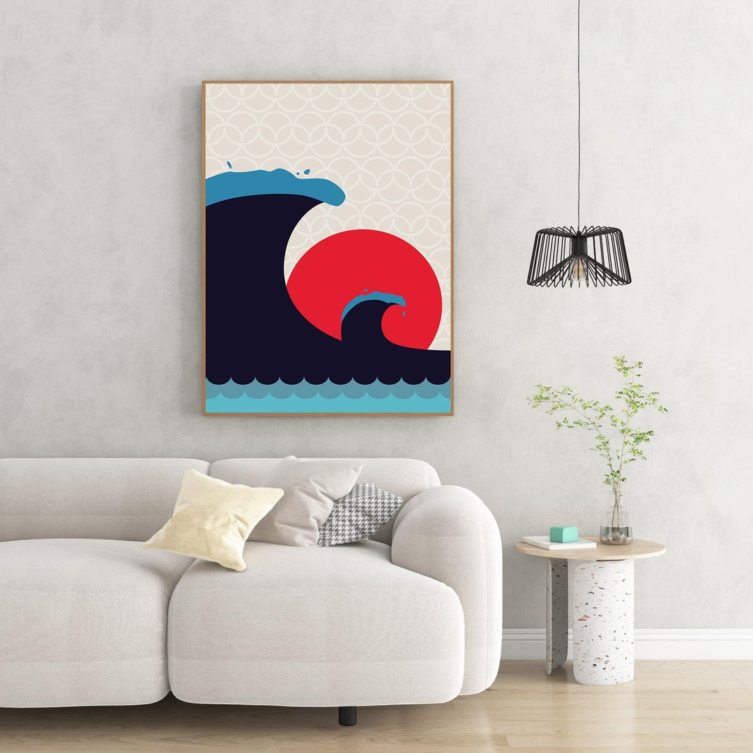 Wadi Home Abstract Wave Sun Wall Art featuring navy waves and a red sun on a cream background. Coastal modern art.