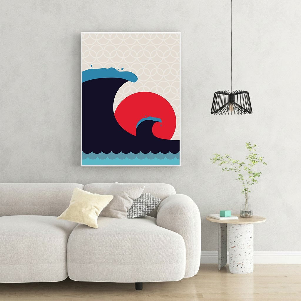 Wadi Home Abstract Wave Sun Wall Art with navy waves, red sun, and blue accents on a cream background.