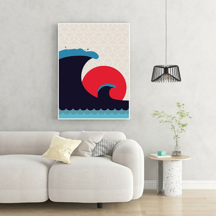 Wadi Home Abstract Wave Sun Wall Art with navy waves, red sun, and blue accents on a cream background.