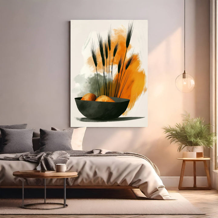 Wadi Home abstract wall art featuring black wheat stalks in a dark bowl with orange and green brushstrokes.