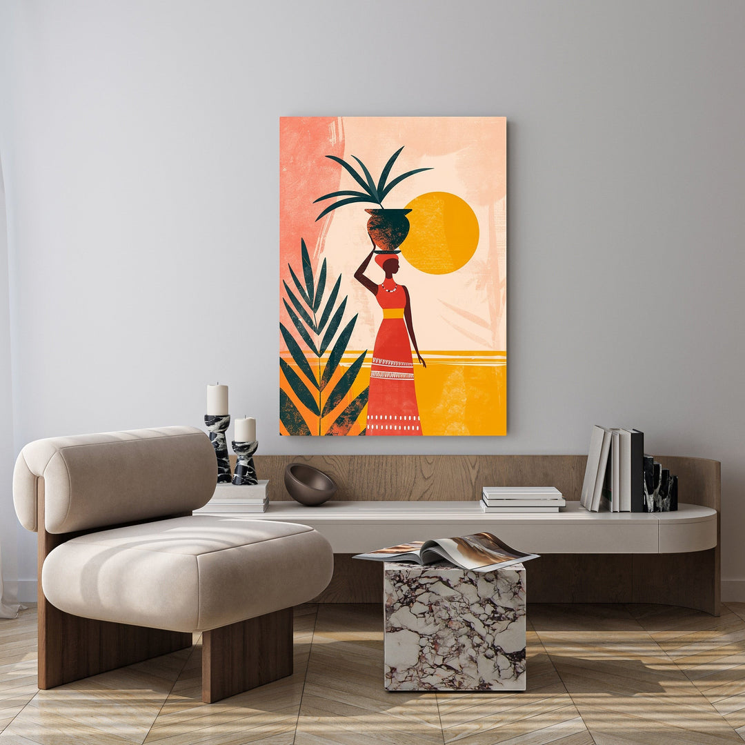 Wadi Home abstract wall art of a woman in a red dress carrying a pot on her head, with tropical leaves and a sun.