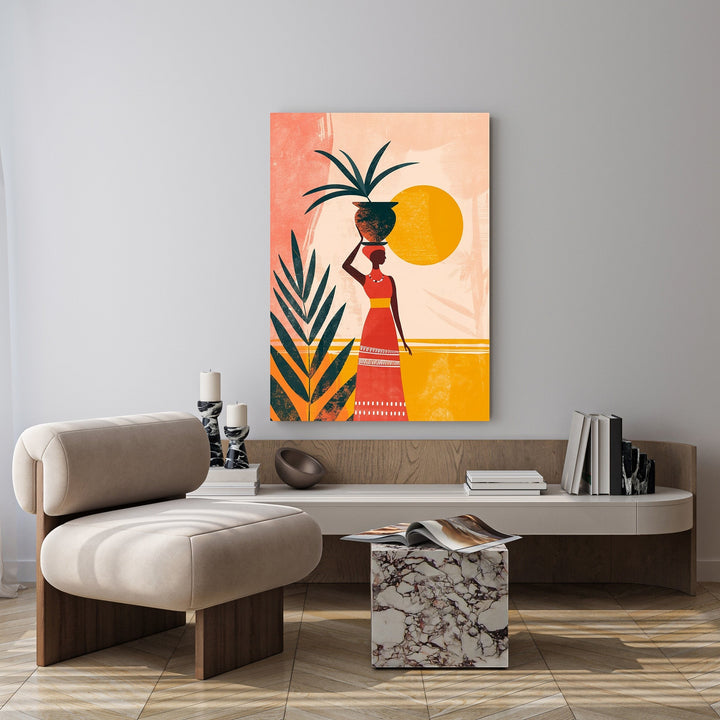 Wadi Home abstract wall art of a woman in a red dress carrying a pot on her head, with tropical leaves and a sun.