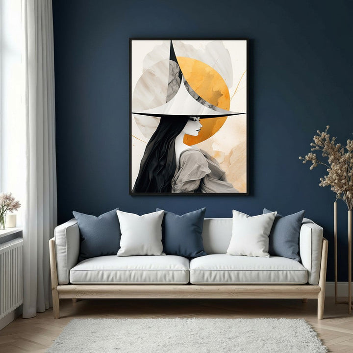 Wadi Home abstract wall art of a woman with a wide-brimmed hat in monochrome and gold.