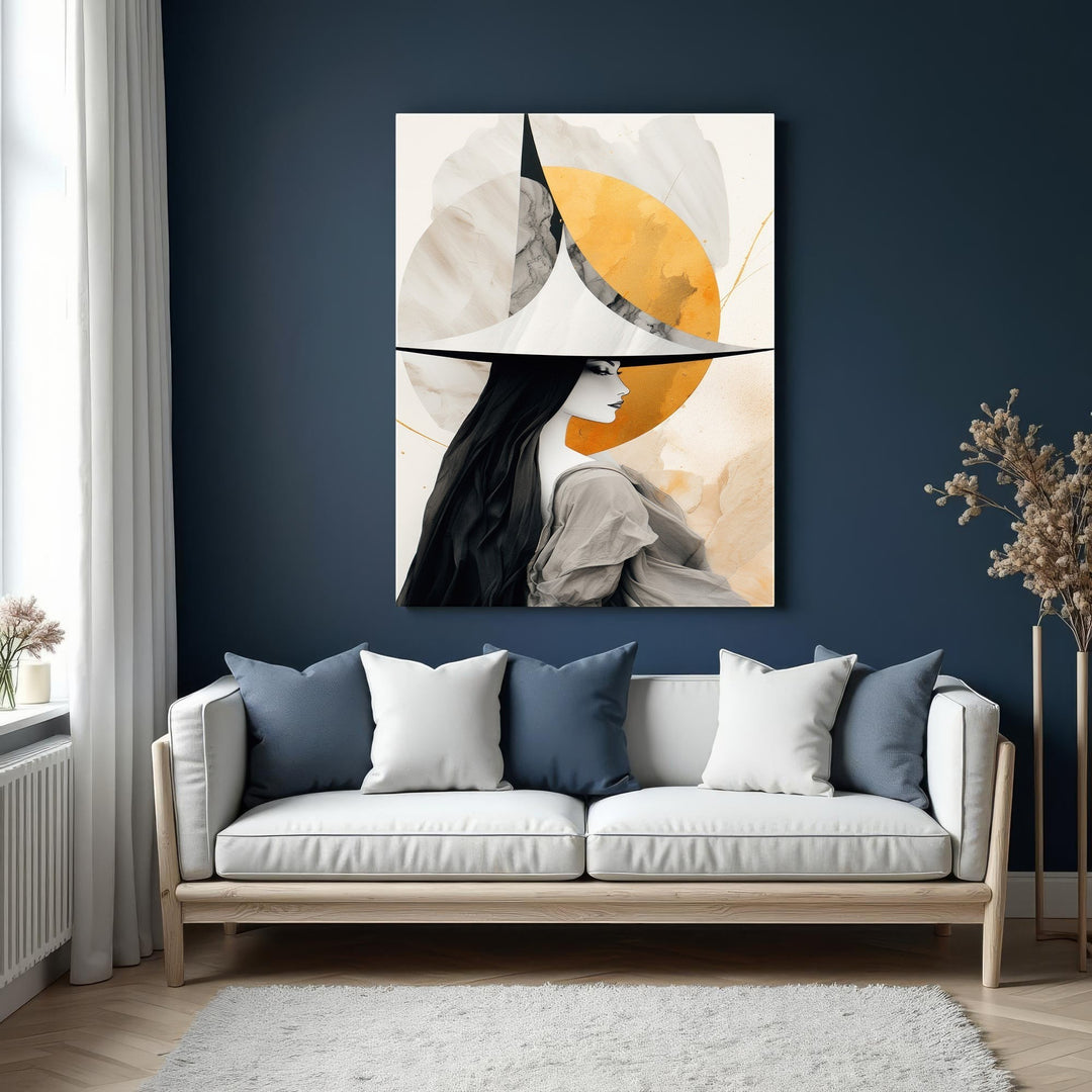 Wadi Home abstract wall art of a woman with long black hair wearing a wide-brimmed hat, monochrome and gold palette.
