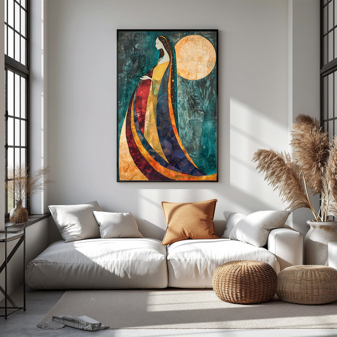 Wadi Home abstract wall art of a woman with a moon, featuring blues, oranges, and yellows.