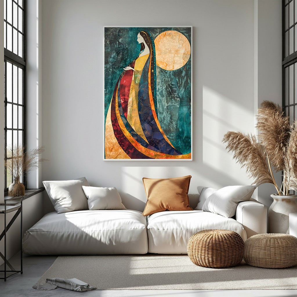 Wadi Home abstract wall art of a woman with flowing robes against a moon and celestial background in blues, oranges, and yellows.