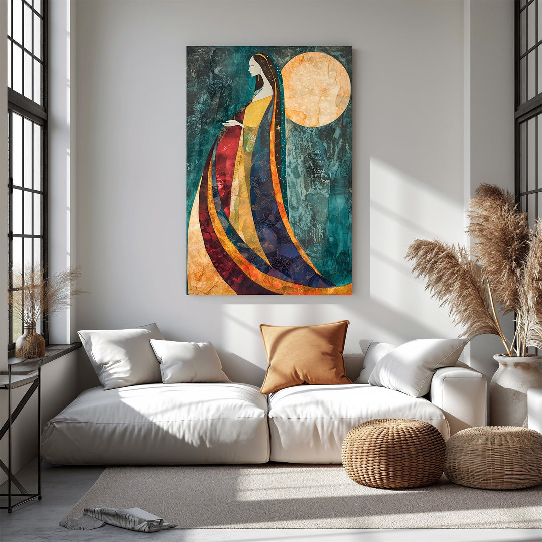 Wadi Home abstract wall art of a woman with a moon, featuring vibrant blues, oranges, and yellows in a flowing design.