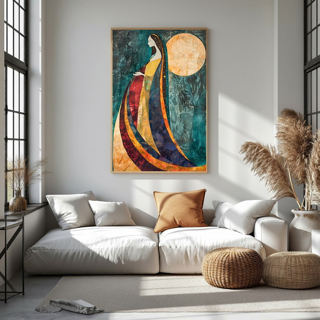 Wadi Home abstract wall art of a woman with a moon, featuring blues, oranges, and yellows.