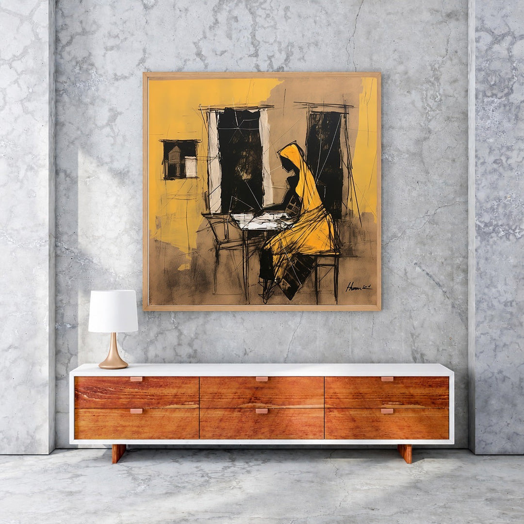 Wadi Home abstract artwork of a woman in yellow reading a book, rendered in ochre, black, and earthy tones.