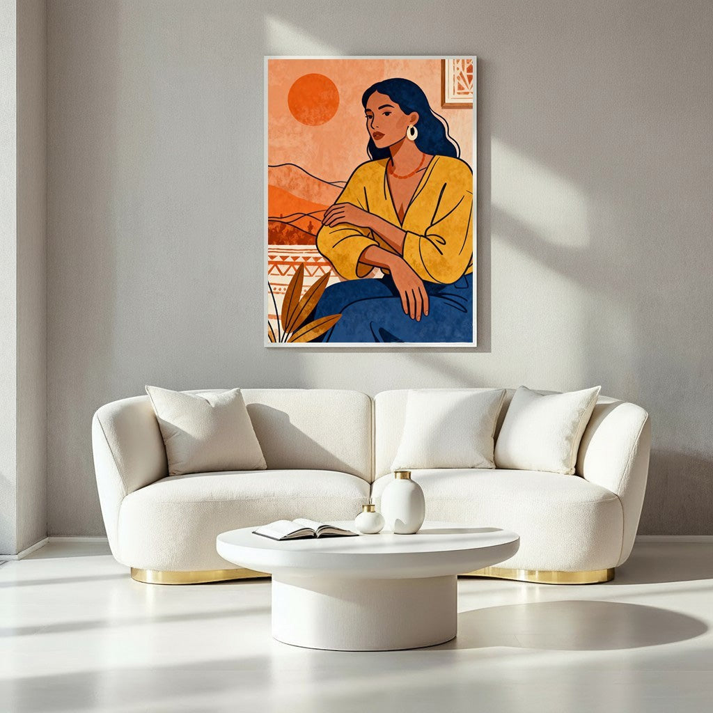 Wadi Home abstract wall art of a woman in a yellow top and blue pants against a sunset landscape with ochre and orange hues.