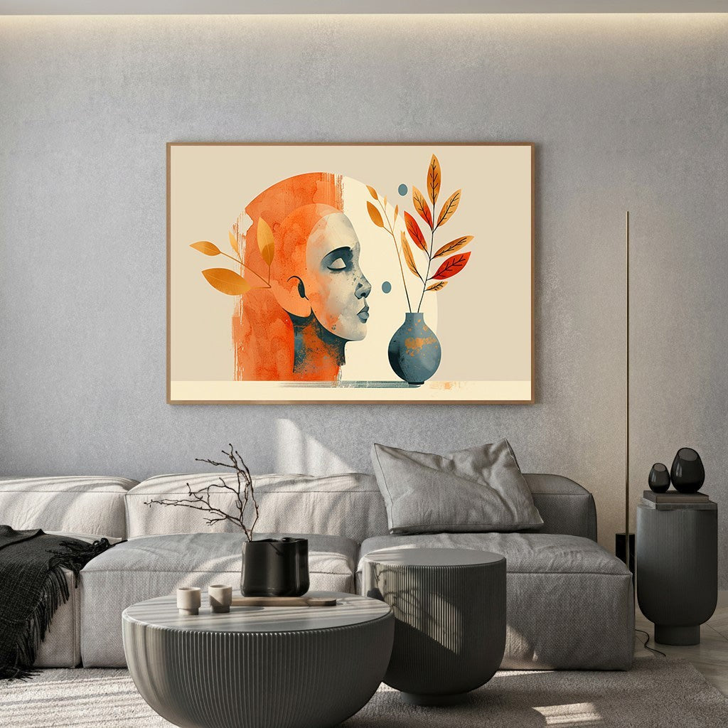 Wadi Home abstract woman profile wall art print with orange tones and botanical elements in a modern living room.
