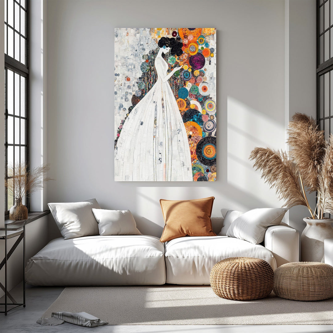 Wadi Home abstract wall art of a woman in a white dress with colorful circles and patterns.