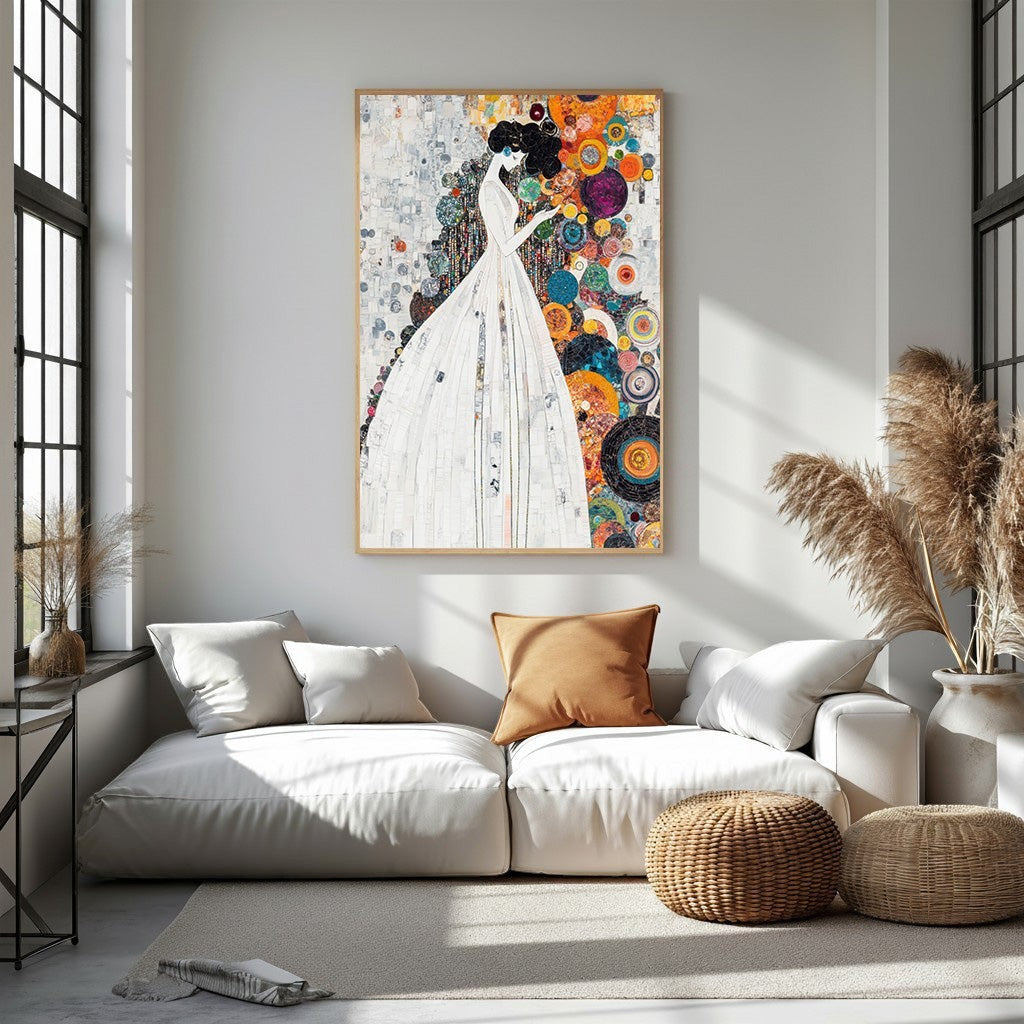 Wadi Home abstract wall art of a woman in a white dress with colorful circles and patterns.