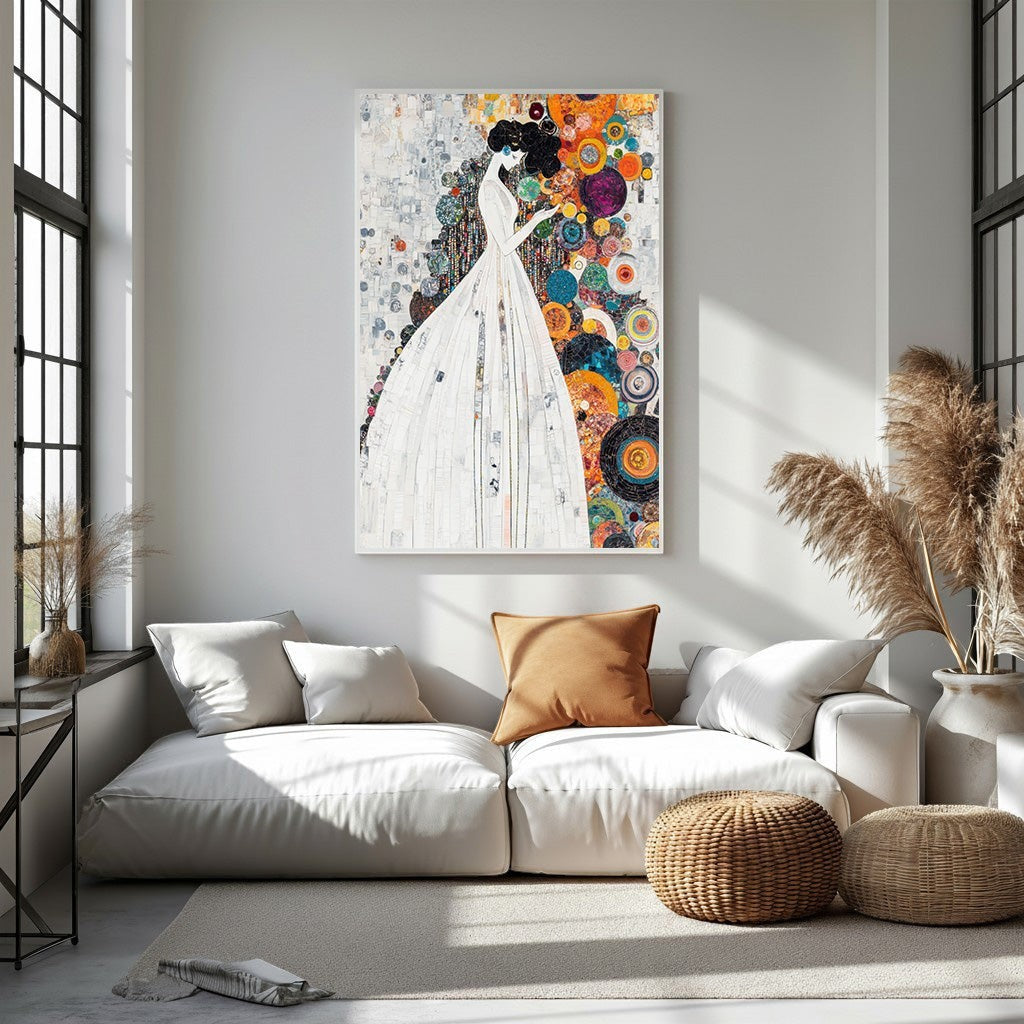Wadi Home abstract wall art of a woman in a flowing white dress against a colorful, circular abstract background.