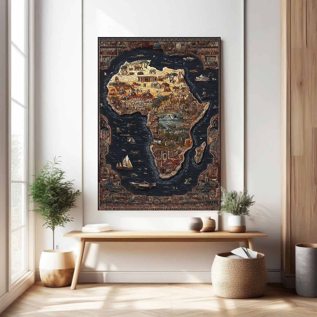 Wadi Home vintage African continent map tapestry with detailed wildlife and ornate borders in earthy tones.