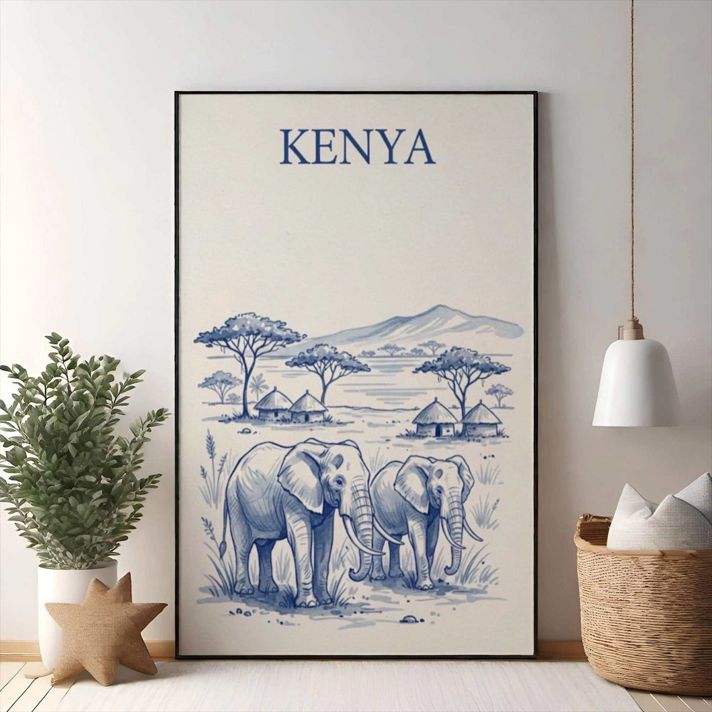 Wadi Home blue and white sketch art print of two elephants in Kenya with traditional huts and acacia trees.