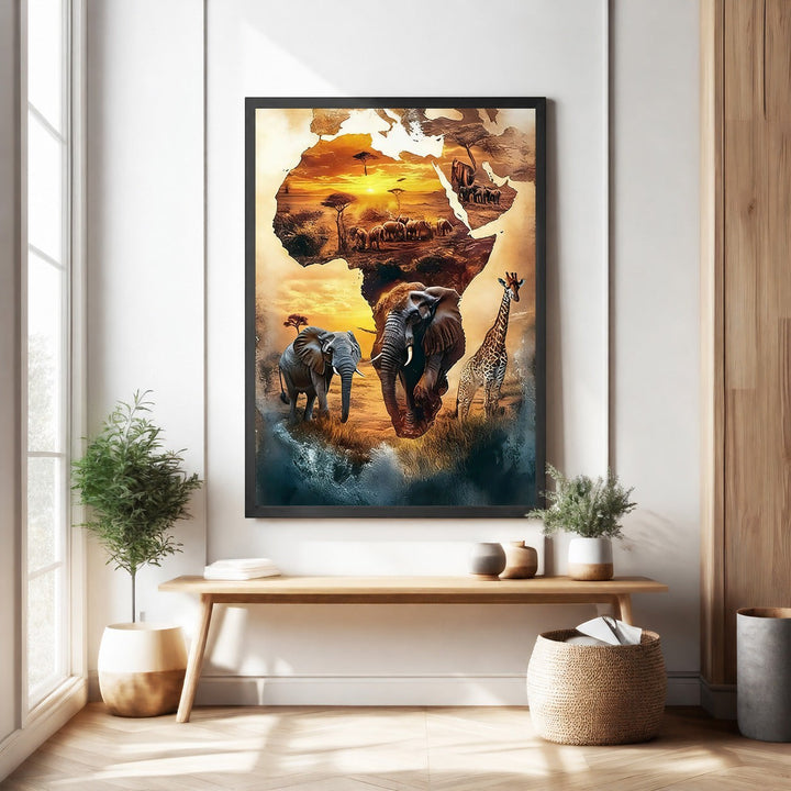 Wadi Home African wildlife safari landscape art featuring elephants and giraffe against a sunset over the continent of Africa.