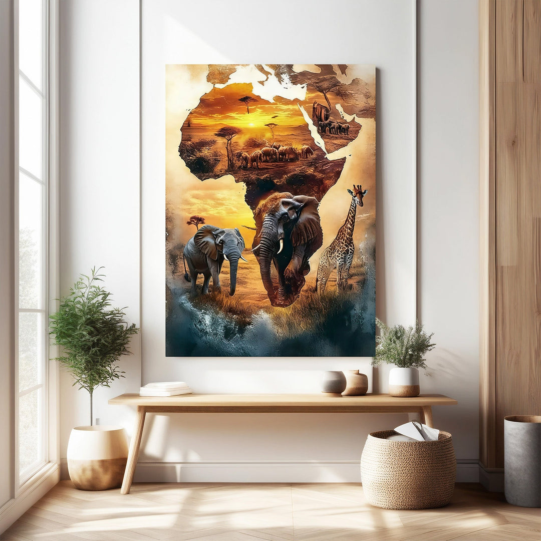 Wadi Home African Wildlife Safari Landscape Wall Art featuring elephants and giraffe against a sunset map of Africa.