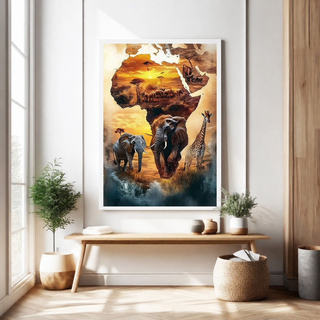 Wadi Home African Wildlife Safari Landscape Wall Art featuring elephants and a giraffe against a sunset over the continent of Africa.